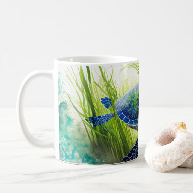 Blue Sea Turtle Art Coffee Mug (With Donut)