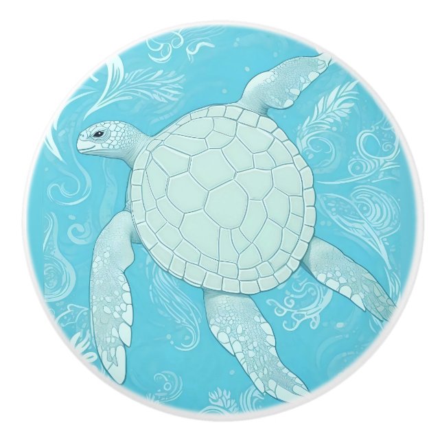 Blue Sea Turtle Ocean Theme Ceramic Knob (Front)