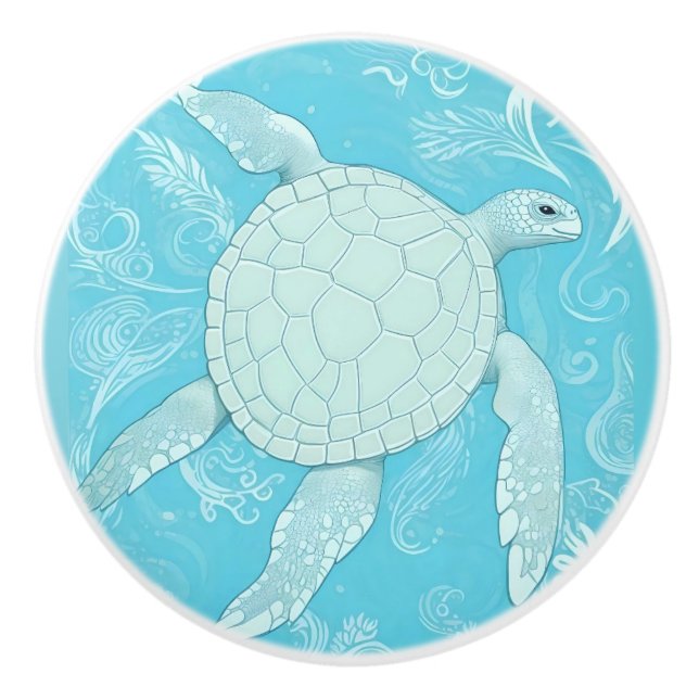 Blue Sea Turtle Ocean Theme Right Facing Ceramic Knob (Front)