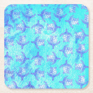 Blue Sea Turtle Print Square Paper Coaster
