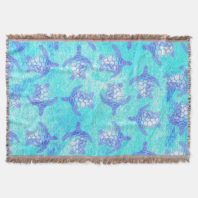 Blue Sea Turtle Print Throw Blanket (Front)