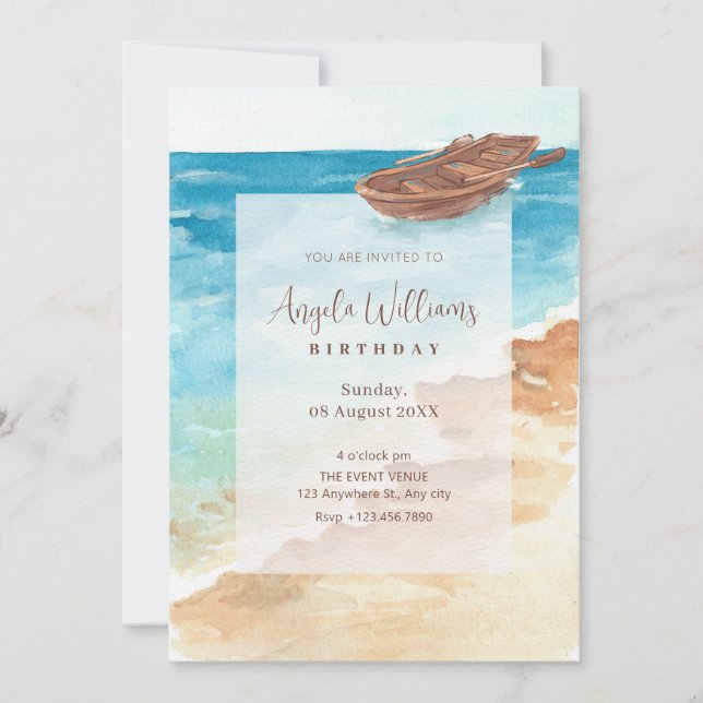 Blue sea watercolor art paint birthday invitation (Front)