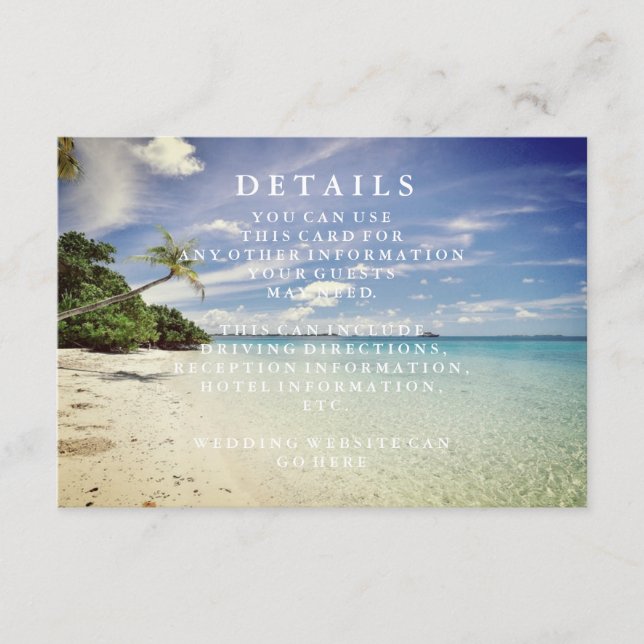 Blue Sea Waves and Sand Beach Wedding Information Enclosure Card (Front)