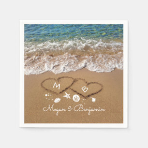 Blue Sea Waves and Sand Hearts Tropical Wedding Napkin