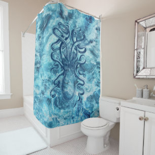 Blue Sea Waves & Octopus Graphic Vintage Drawing Shower Curtain