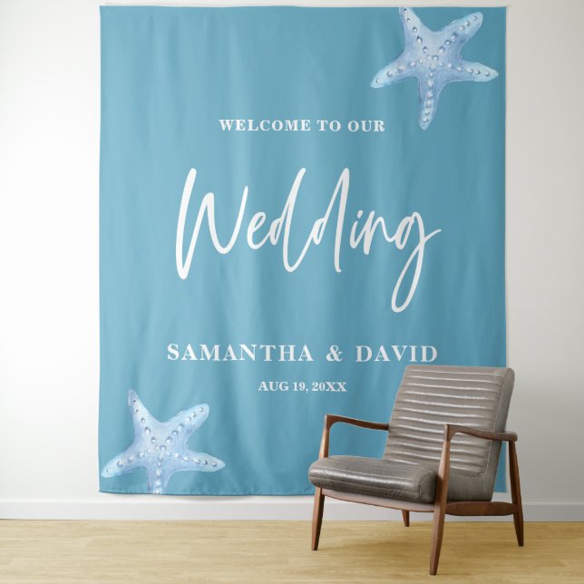 Blue Sea Wedding Welcome Sign Backdrop Tapestry (In Situ)