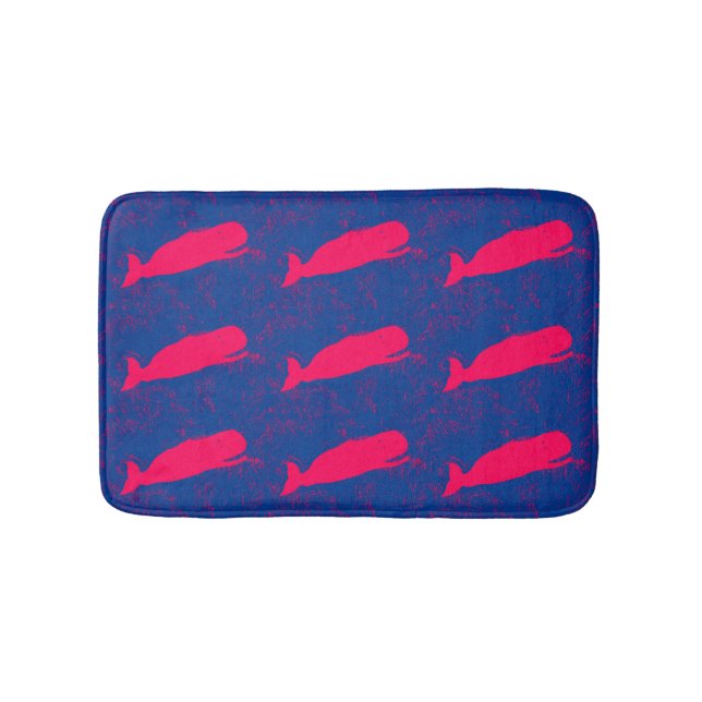 blue sea with swimming  red whales bath mat (Front)