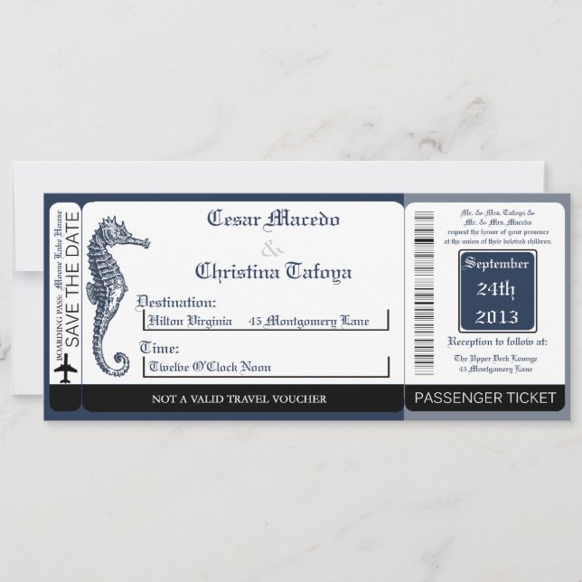 Blue Seahorse BlueBoarding Pass Wedding Invitation (Front)
