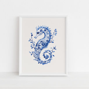 Blue Seahorse – Coastal Blue on Beige Wall Art