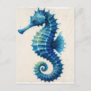 Blue Seahorse Coastal Watercolor Postcard