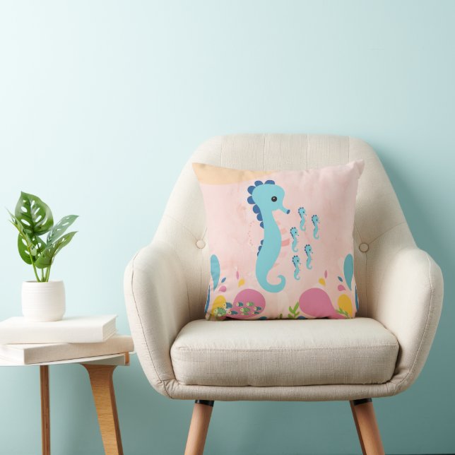 Blue seahorse in a pink ocean, cushion (Chair)