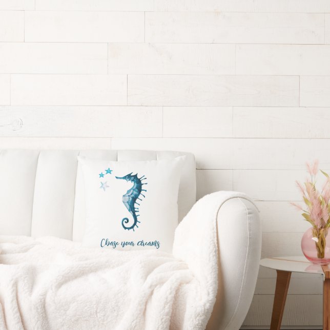 Blue Seahorse Inspirational Quote about Dreams Cushion (Couch)