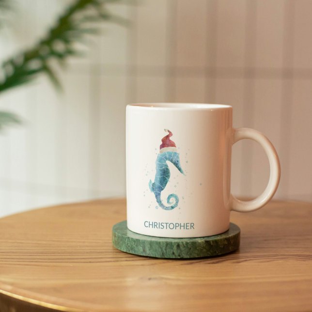 Blue Seahorse Nautical Named Christmas Coffee Mug (Watercolor Sea Horse with Santa Hat Mug)