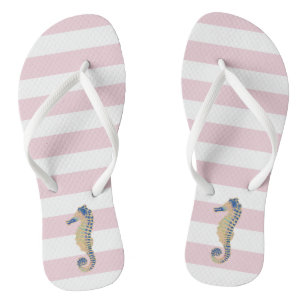 Blue seahorse on blush stripes flip flops