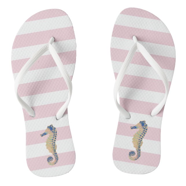 Blue seahorse on blush stripes flip flops (Footbed)