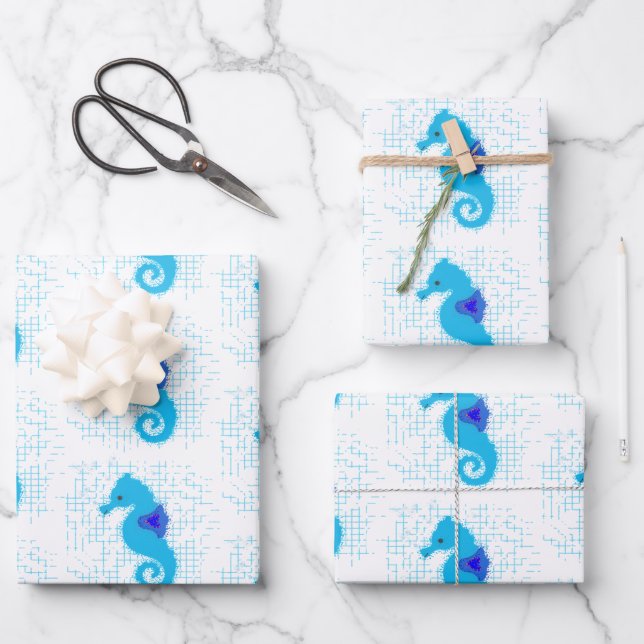Blue Seahorse On Distressed Background  Wrapping Paper Sheet (Front)