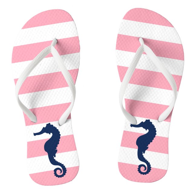 Blue Seahorse on Pink Stripes Thongs (Footbed)