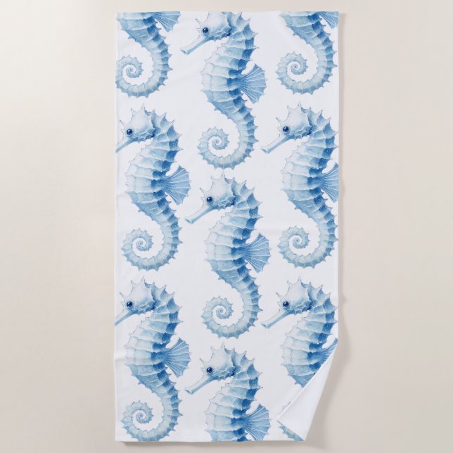 Blue Seahorse Pattern Beach Towel (Front)