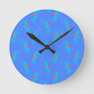 Blue Seahorse Pattern Round Clock