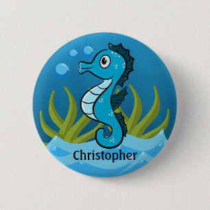 Blue Seahorse Personalised  6 Cm Round Badge