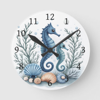 Blue Seahorse Round Clock