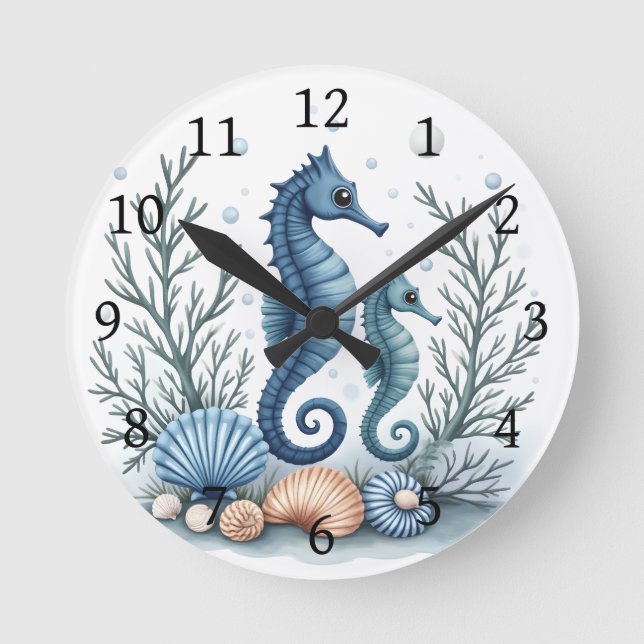Blue Seahorse  Round Clock (Front)