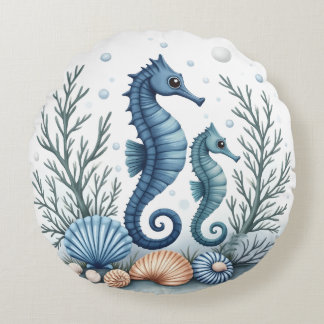 Blue Seahorse Round Cushion
