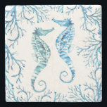 Blue Seahorse Tropical Fish Stone Coaster<br><div class="desc">Add a splash of coastal charm to your kitchen accessories or barware collection with this stone coaster, featuring a replica of Victoria Grigaliunas' original watercolor seahorses and coral in serene shades of blue and turquoise. Inspired by the beach, sea, and summer, it’s a stylish and functional piece for coastal homes...</div>