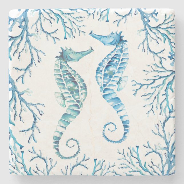Blue Seahorse Tropical Fish Stone Coaster (Front)