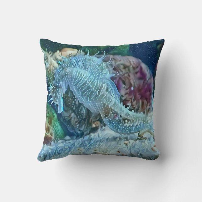 Blue Seahorse Underwater Coral Reef Cushion (Back)