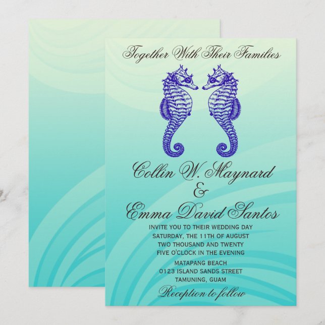Blue Seahorse Wedding Invites (Front/Back)
