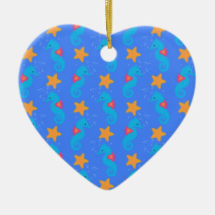 Blue Seahorses And Starfish Pattern Ceramic Ornament