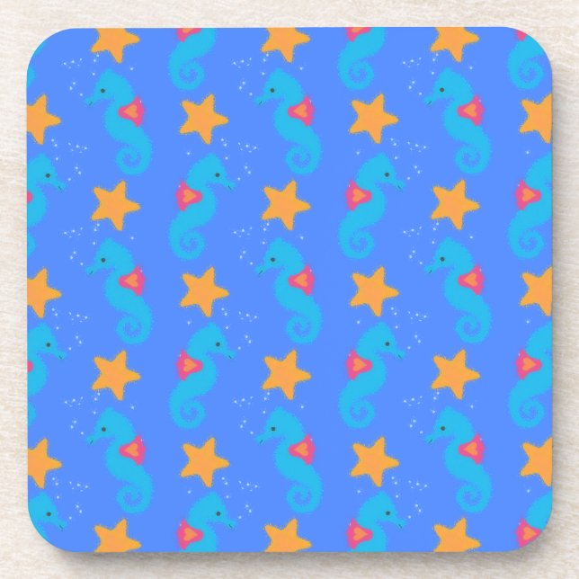 Blue Seahorses And Starfish Pattern Coaster (Front)