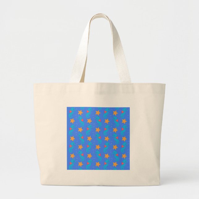 Blue Seahorses And Starfish Pattern Large Tote Bag (Front)