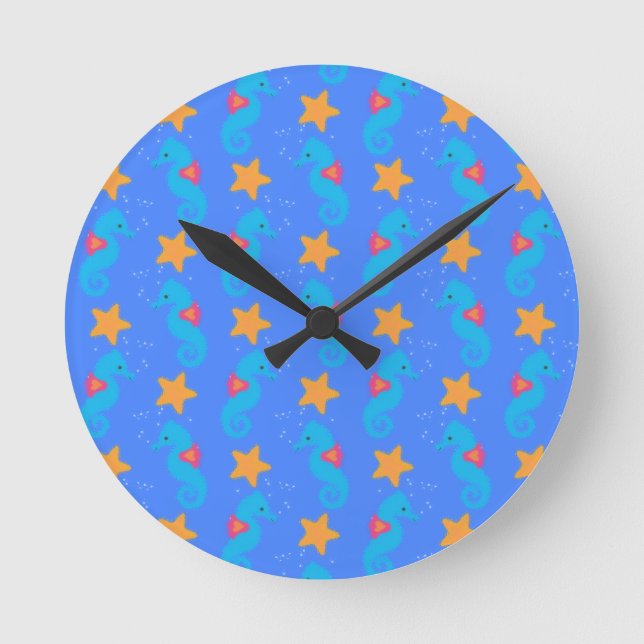 Blue Seahorses And Starfish Pattern Round Clock (Front)