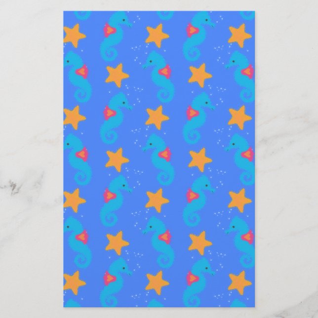 Blue Seahorses And Starfish Pattern Stationery (Front)