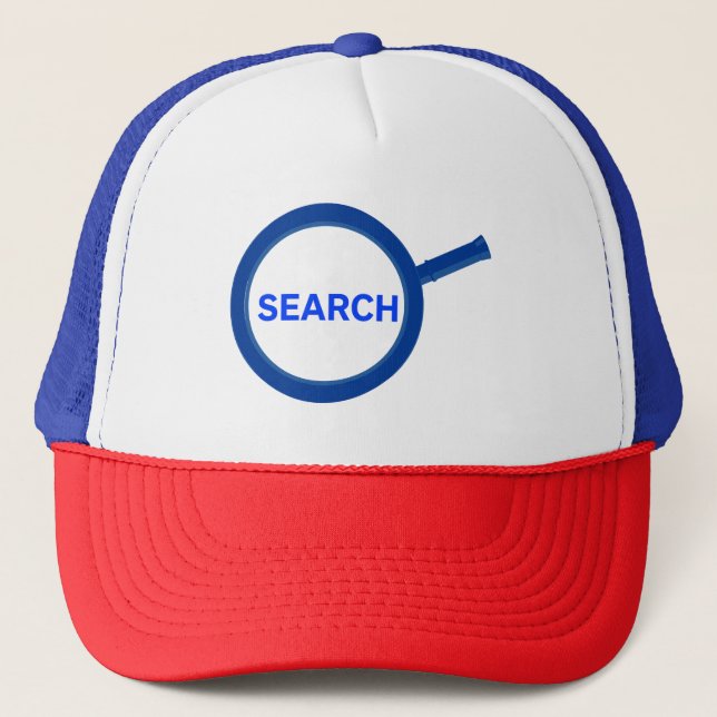 Blue Search Magnifying Glass Trucker Hat (Front)