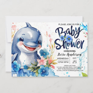 Blue Seas and Floral Dolphin Boy Baby Shower Invitation