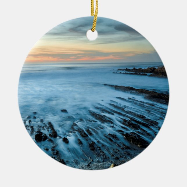 Blue seascape at sunset, California Ceramic Ornament (Front)