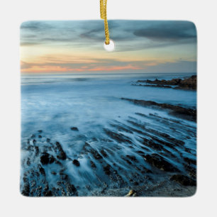 Blue seascape at sunset, California Ceramic Tree Decoration
