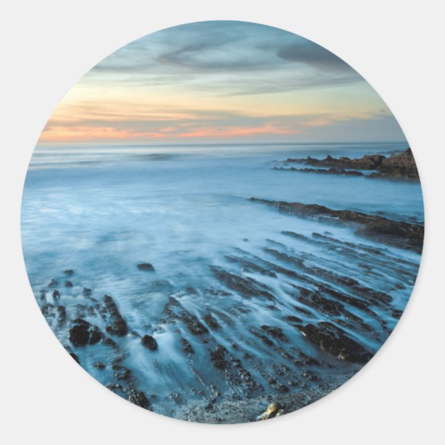 Blue seascape at sunset, California Classic Round Sticker (Front)