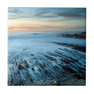 Blue seascape at sunset, California Tile