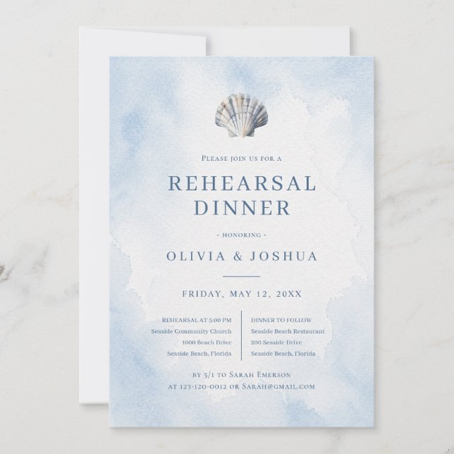 Blue Seashell Beach Rehearsal Dinner Invitation (Front)