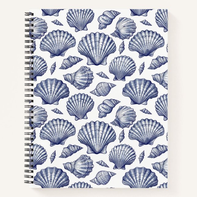 Blue Seashell Beach Themed Spiral Notebook (Front)