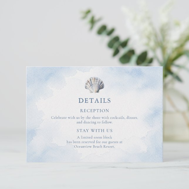 Blue Seashell Beach Wedding Details Enclosure Card (Standing Front)