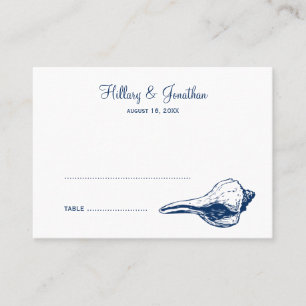 Blue seashell beach wedding escort name place card