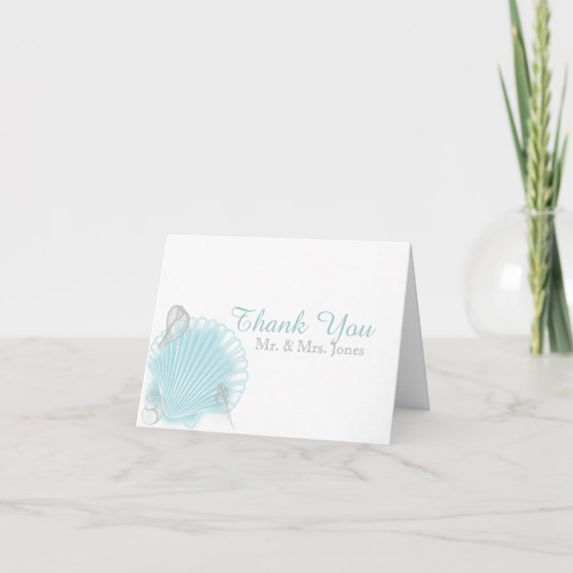 Blue Seashell Beach Wedding Thank You Card (Front)