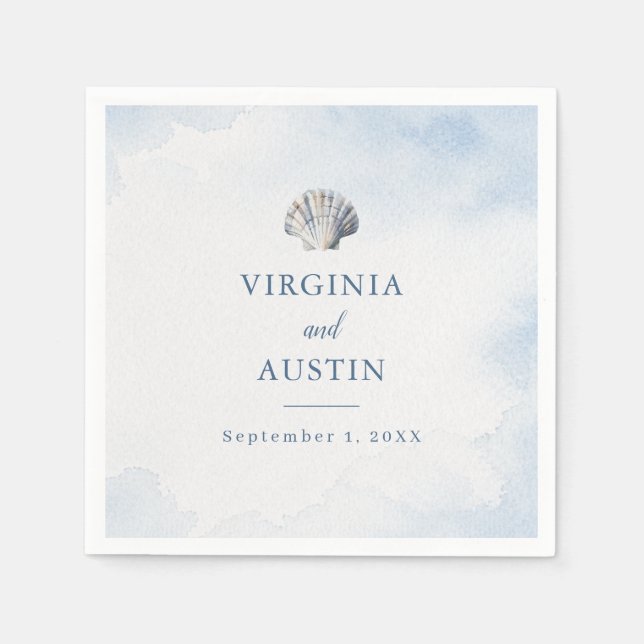 Blue Seashell Coastal Beach Wedding Napkin (Front)