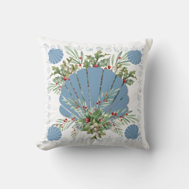 Blue Seashell Coastal Christmas Cushion (Front)