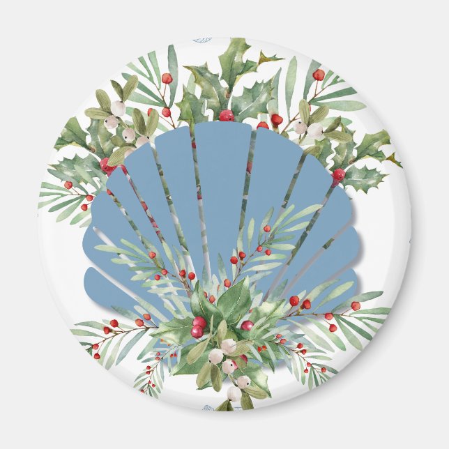 Blue Seashell Coastal Christmas Magnet (Front)
